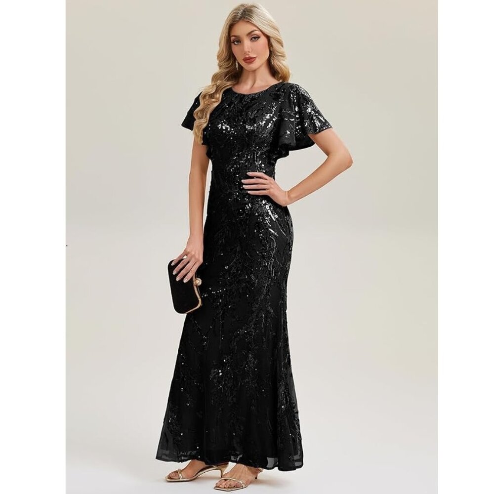 Ever Pretty Black Sequin Short Sleeve Mermaid Gown Formal Dress Sz 12 NWT! - Picture 3 of 7
